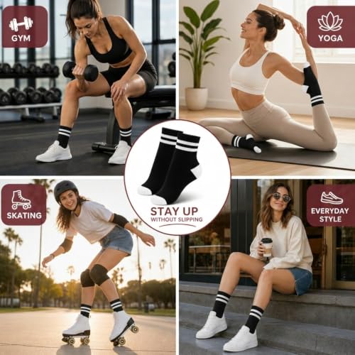 Forever Bambe Mini Crew Socks for Women 4-Pack Cushioned Bottom Retro Striped Socks - Athletic Women's Short Calf Sock - color: 4 - Black