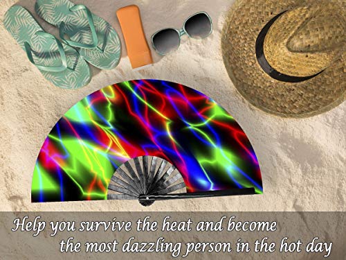 OMyTea Large Rave Clack Folding Hand Fan for Men/Women - Chinese Japanese Bamboo Handheld Fan - for EDM, Music Festival, Club, Event, Party, Dance, Performance, Decoration, Gift (Neon Lights) - color: Neon Lights