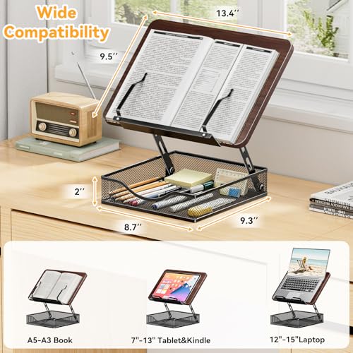 Adjustable Book Stand for Reading with Storage - 2-13" Height Hands-Free