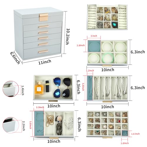 BOOVO Jewelry Boxes for Women, White and Black 6 Layer Large Jewelry Box for Necklace, Bracelet, Earrings, Rings Storage, Jewelry holder Organizer for Girls Gift (Grey and Gold, 6 layer) - color: Grey and Gold, size: 6 layer