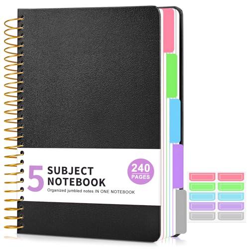 5 Subject Notebook College Ruled 240 Pages, A5(5.8"x8.3") Hardcover Spiral Notebook with Removable Pocket Dividers Tabs, Lined Spiral Journal Notebook for Women, Notebooks for Work School Note taking Black - color: Black, size: A5