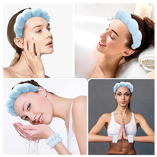 Zkptops Spa Headband for Washing Face Wristband Set Sponge Makeup Skincare Headband Terry Cloth Bubble Soft Get Ready Hairband for Women Girl Puffy Padded Headwear Non Slip Thick Hair Accessory(Blue) - color: Blue