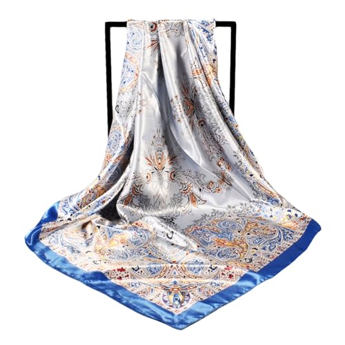 35 Inches Silk Head Scarf-Satin Hair Scarves Silk Bandana Scarf Headscarf for Women's Fashion Scarves - color: Large Floral Cashew Nut - Blue