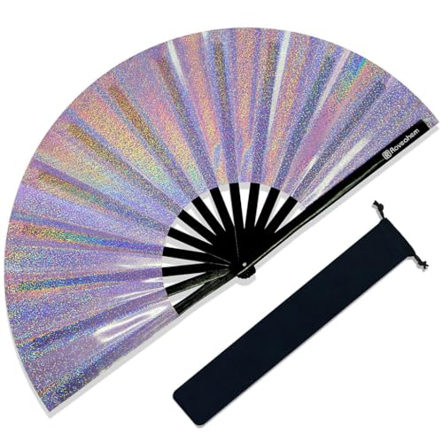 Large Rave Fan, Clack Folding Hand Fan with Premium Fabric, Thick Bamboo Frame for Men Women Gift for EDM, Festival, Club, Party, Dance, Decoration (Lridescent Purple, 11") - color: Lridescent Purple, size: 11"