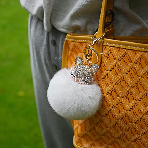 Faux Rabbit Fur Pom Pom Keychain with Fox Head - color: White