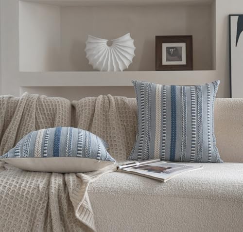 Cethom Boho Throw Pillow Covers 18x18 Inch Set of 2, Farmhouse Decorative Couch Pillow Cases, Blue Accent Pillows of Bed, Sofa Bedroom Living Room Home Decor Cushion Cover - color: Blue, size: 18" x 18" (Pack of 2)