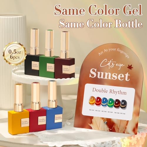 Double Rhythm Cat Eye Gel Nail Polish Set of 6 Same Color Same Bottle 0.5 Oz Shimmer Glitter with Magnet Holographic Reflective Magnetic UV Polish Kit (Golden Black Brown Red Blue Green-T6-33) - color: Neon Yellow Green