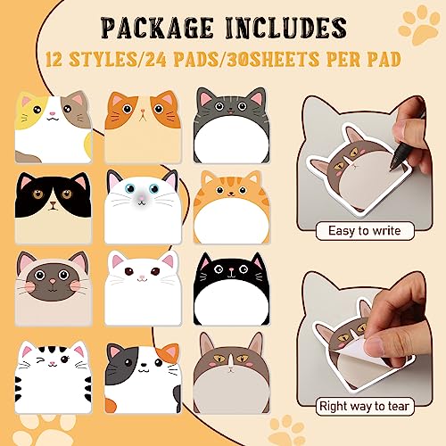 Yinder 24 Pads Cute Cat Sticky Notes Kawaii Animal Sticky Notes Pads Bulk - color: Multicolor, size: Cats