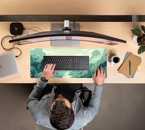 Cute Pastel Mint Green Forest Sage Desk Mat Anime Large Gaming Mouse Pad XL, Aesthetic Sunrise Laptop Computer Keyboard Mouse Mat, Women Office Desk Decor Cover Mat with Stitched Edges 31.5"x11.8" - color: Mint Green Forest