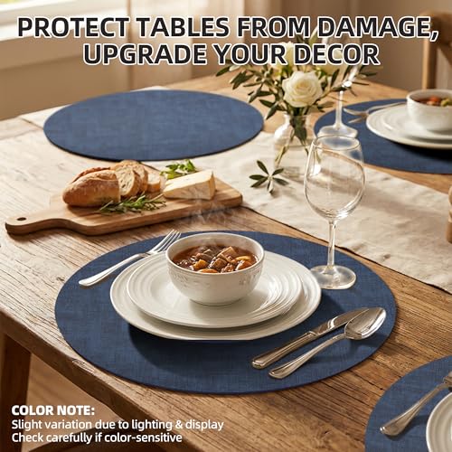Placemats Set of 6, 15 Inch Round Faux Leather Place Mats - color: R-navy Blue