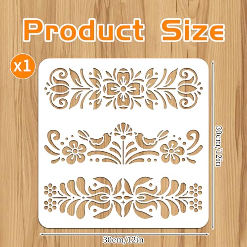12" Scandinavian Stencils Fabric Stencil Paint Fork Art Floral Stencil Plastic Forkart Stencils for Painting Wall Furniture Canvas Fabric Floral Pattern, 12x12inch, Reusable