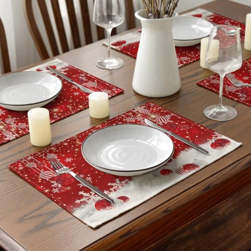 Ansouyi Placemats Set of 6, Red Snowflakes Christmas Balls Washable Heat Resistant Linen Table Mats, Kitchen Decor Non-Slip Place Mats for Party Dining, 12x18 Inch - color: Christmas Balls