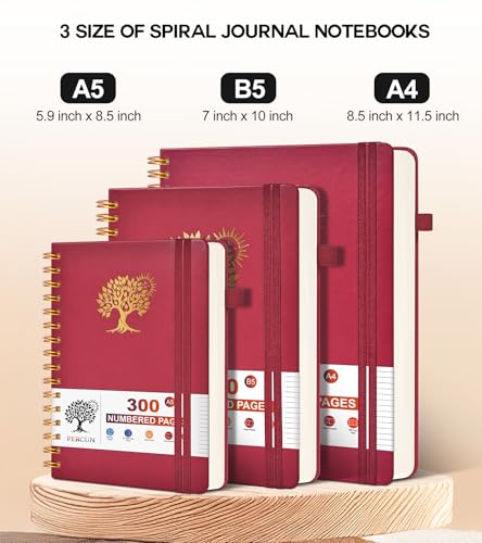 PERCUN B5 Spiral Notebook 300 Numbered Lined Pages Hardcover Journal 7"x10" - color: Red, size: B5 size (7in x 10in)