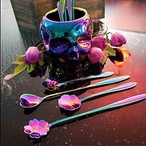 9 Pcs Flower Spoon Coffee Teaspoon, ESRISE Stainless Steel Tea Spoon(Multi) - color: Multicolor