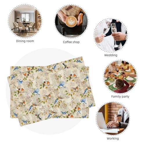 Vintage Bird Placemats Set of 4, Spring Washable Non-Slip Heat Resistant Place Mats, Farmhouse Country Bird Summer Linen Table Mat for Dinner Room Kitchen Indoor Outdoor Decor - color: Retro Bird
