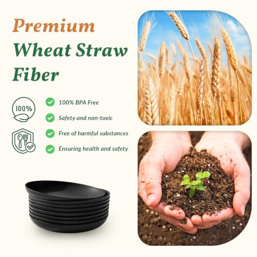 Homienly Wheat Straw Plates Sets 8 PCS Unbreakable Plastic Plates for Party, Camping, Picnic, Stackable Deep Dinner Plates Set Microwave & Dishwasher Safe Kitchen Plates for Dessert (Black, 9 inch) - color: Black, size: 9 Inch