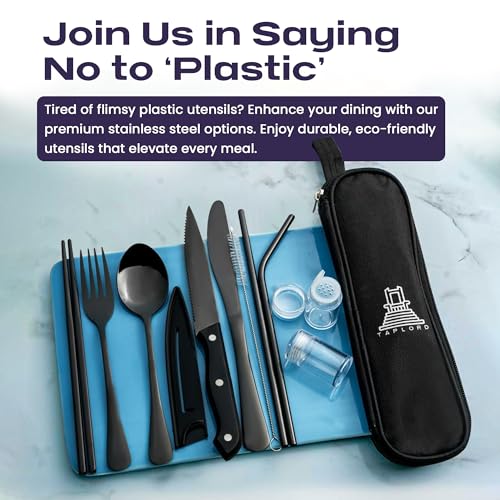 Travel Utensils With Case, 10 Pcs portable silverware set (Black) - color: Black, size: 10 Pieces