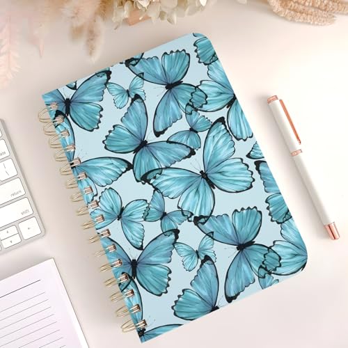Cute Spiral Notebook Journal A5 6x9 Note Book with Pocket, Blue - color: Blue Butterfly