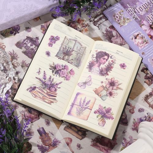 Vintage Ephemera Sticker 24 Sheets precut 300 washi Stickers Paper Girls Journal Stickers for Adults Junk Journal Sticker Book Scrapbooking Supplies - color: Purple