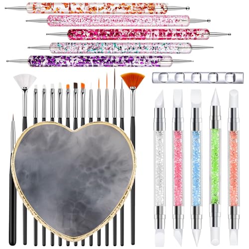 Nail Art Tools 27Pcs Set,Nail Art Brush,Resin Nail Art Palette,5 Pcs Nail Art Sculpture Pen,2-way Acrylic Silicone Engraving Pen Dotting Pen Tools Nail Art Kit for Nail Art DIY - color: F4#Black Style 9