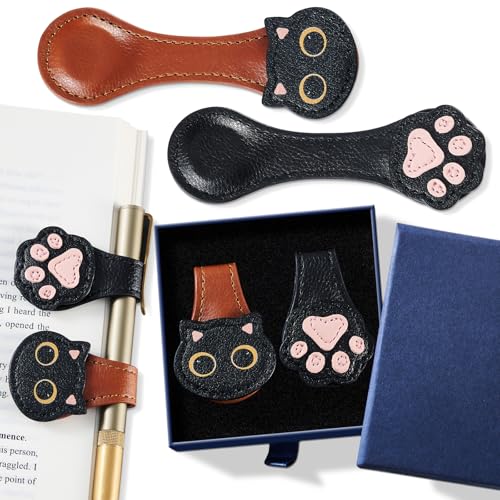 Ovesmusl 2Pcs PU Leather Cat+Paw Magnetic Bookmarks with Pen Holder - style: Cat+Paw (Brown+Black)