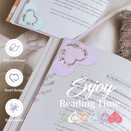 6 Pack Macaron Colorful Bookmarks,Heart Shape Leather Bookmark Set with Floral Initials,Cute UV Printed Design,Bulk Graduation Gifts for Students Teachers Book Lovers,Elegant Thank You Gift (V) - style: V