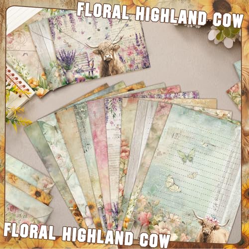 TaoBary 160 Pcs Floral Highland Cow Stationery Paper and Envelopes Set - size: 5.5 x 8.25 Inch, style: Floral Highland Cow