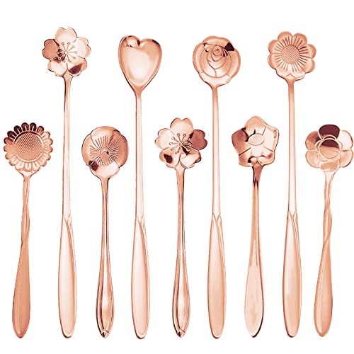 9 Pcs Flower Spoon Coffee Teaspoon, ESRISE Stainless Steel Tea Spoon (Rose Gold) - color: Rose Gold