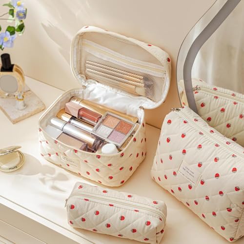 HBselect Quilted Makeup Bag, 3Pcs Cotton Large Travel Makeup Bags Organizer - color: A-3PCS-Floral 15