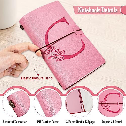 Personalized Journal Gift-Pink Initial Leather Journal+Heart Diamond Pen Set,Travel Notebook Diary Gifts,Refillable Notepads,Christmas,Birthday Gifts for Women Girls (7.9"x4.7") (C) - style: C