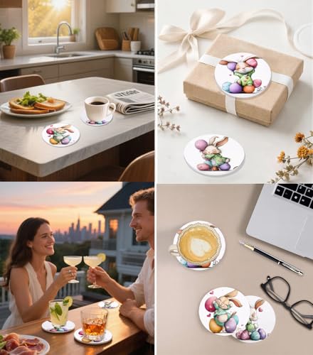Nikyi 6 Pcs Easter Bunny Pink Heart Ceramic Absorbent Coasters, Spring Cute Rabbit Egg Drink Coaster with Metal Holder Cork Base, Perfect Easter Basket Stuffer, Coffee Table Kitchen Office & Gift - color: Easter Cute Bunny and Easter Eggs Pink Heart