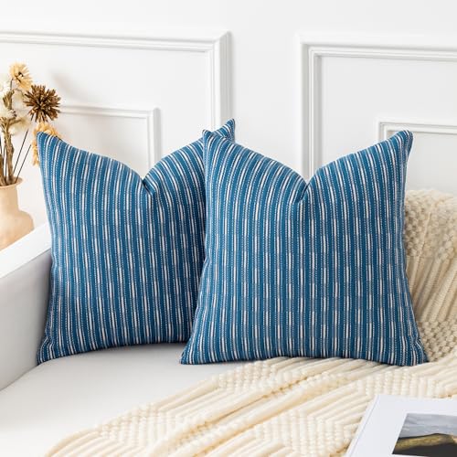 Kevin Textile Pack of 2 Farmhouse Throw Pillow Covers Boho Woven Texture Linen Striped Decorative Pillow Cases for Couch Bed and Chair, Navy Blue 18 x 18 inches 45 x 45 cm - color: A-navy Blue, size: 18" x 18" (Pack of 2)
