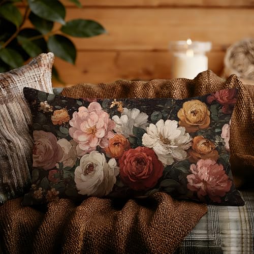 Vintage Moody Dark Floral Throw Pillow Covers 12x20,Rustic Farmhouse Decor,Dark Academia Flower Botanical Decorative Throw Pillow Covers for Home Bedroom Living Room Double-Sided - color: Floral-18, size: 20" x 12" (Pack of 1)