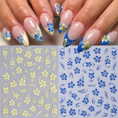 Flower Nail Stickers for Nail Art 12PCS Hibiscus Flowers Nail Decals 3D Self-Adhesive Tropical Nail Art Designs Pink Gold Petals Butterfly Sliders Summer Manicure Decoration DIY Supplies for Women - style: Hibiscus Flowers