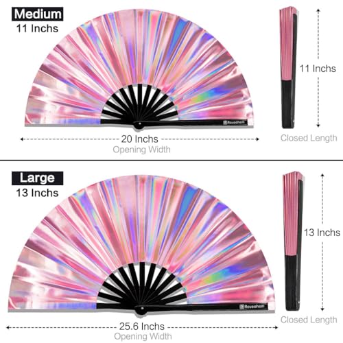 Large Rave Fan, Clack Folding Hand Fan with Premium Fabric, Thick Bamboo Frame for Men Women Gift for EDM, Festival, Club, Party, Dance, Decoration (Holographic Pink, 13") - color: Holographic Pink, size: 13"