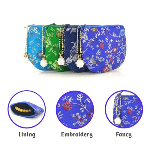 Handmade Women Coin Purse Brocade Zipper Wallet Rosary Pouch Silk Jewelry Bag - Blue - color: Blue