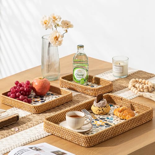 Set of 3 Rattan Serving Trays with Mother of Pearl, Terrekraft - color: Fish