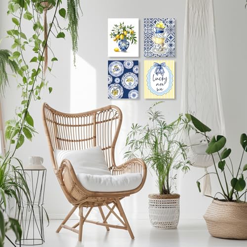 LUKIPOM Chinoiserie Lemon Summer Wall Art Posters Set of 4,Amalfi Coast Grandmillennial Home Decor,Blue and White Porcelain Lemon Tree Prints Artwork for Kitchen Wall Decor, 8x10 Unframed - color: Color 016