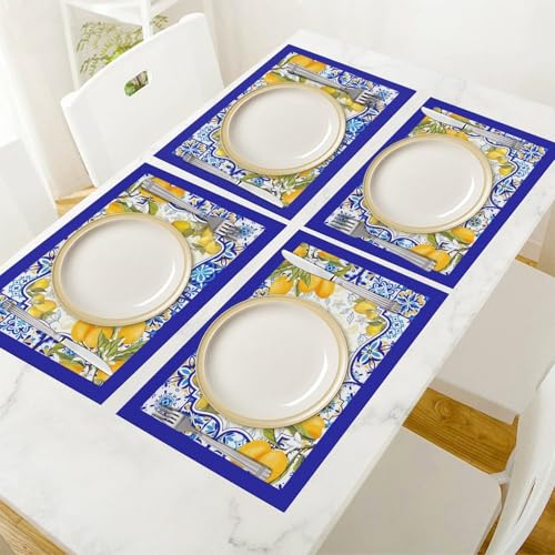 Summer Lemon Mediterranean Italian Tiles Placemats Set of 4, 12x18 Inch - color: Lemon07, size: 4pcs