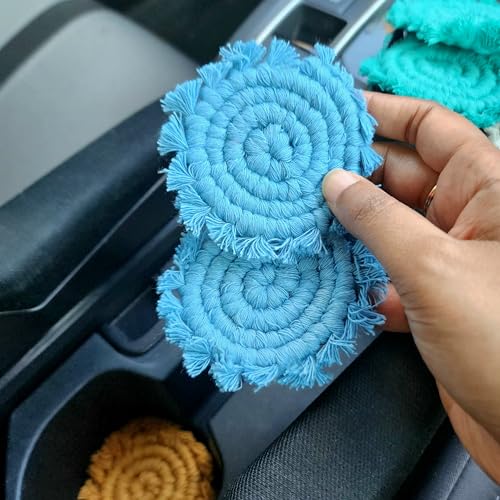 Cotton Car Coasters for Cup Holders, 2PC Car Cup Coasters, Drink Coaster Holder, Cute cupholder Coaster Accessories for Women, Macrame, Boho (Cloudy Day) - color: Cloudy Day