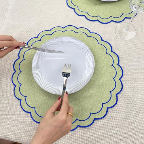 Linen Cotton Placemats Set of 4 Scalloped Flower Embroidery Place Mats 15'' Natural Linen Texture Fabric Machine Washable Table Mats for Restaurant Kitchen,Table Decor(Matcha Green) - color: Matcha Green