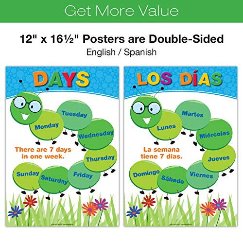 Global Printed Products, 20 Large Educational Posters For Kids (16.5x12 Double Sided English/Spanish) Alphabet Colors Letters Numbers Shapes Months Days Weather Time Animals Solar System Seasons Map