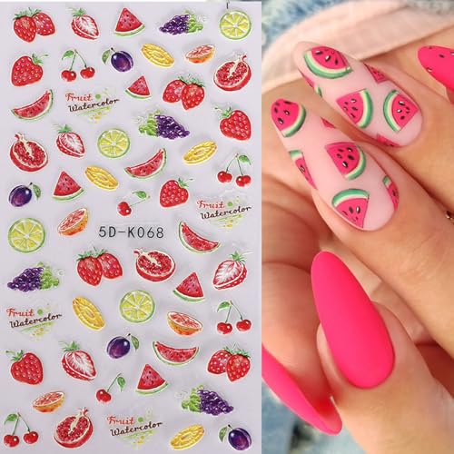 5D Embossed Fruit Nail Art Stickers 6PCS Self-Adhesive Nail Decals Orange Lemon Strawberry Cherry Watermelon Leaves Flowers Design Summer DIY Manicure Decorations Nail Accessories for Women - style: 5D Fruit Styles