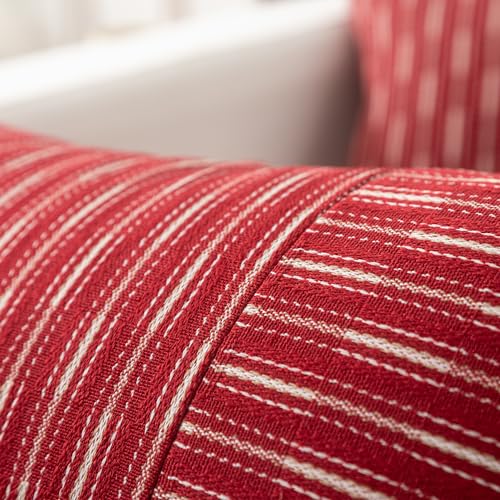 Kevin Textile Valentines Wine Red and Beige Farmhouse Striped Patchwork Linen Decorative Throw Pillows Covers 18x18, Set of 2, Modern Accent Square Cushion Covers for Couch Chair Bedroom - color: Wine Red, size: 18" x 18" (Pack of 2)