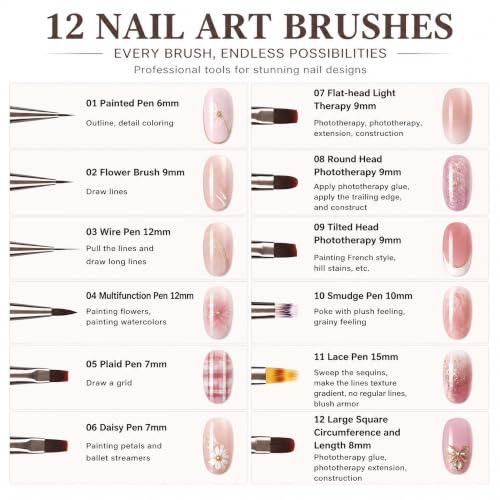 12Pcs Metal Nail Art Brush Set, Professional Nail Brush Acrylic Manicure Brushes Pen with Liner Flat Round French Detail Ombre Brushes for Gel Polish, 3D Design, Clean Up Tools - color: Professional Nail Brush Set-12pcs