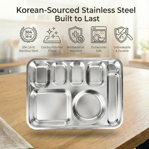 Korean Stainless Steel XL Divided Plates with Cutlery Slot for Adults 2Pack - size: 8 Compartments