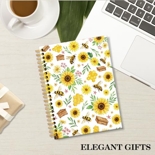 ERHACHAIJIA Sunflower & Bee Lined Spiral Notebook for Women Flower Lover - color: Yellow-brown