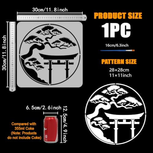 FINGERINSPIRE Japanese Torii Gate Painting Stencil with Brush 11.8x11.8inch Plastic PET Argyro Pine Trees Drawing Template Decorative Hollowed Oriental Theme Stencil for Painting on Wood Canvas - style: Japanese Torii Gate