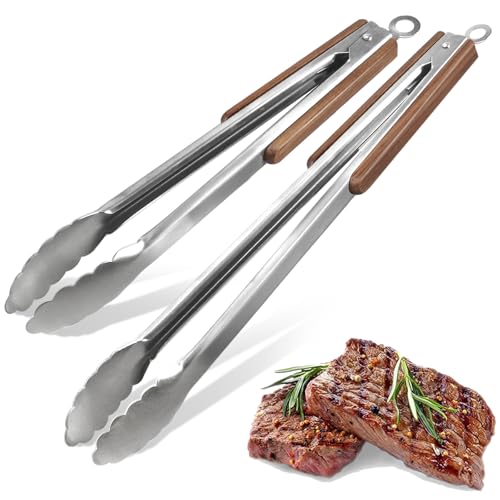 16" & 12" Heavy Duty Stainless Steel Grill Tongs, 2-Pack - color: Solid Wood