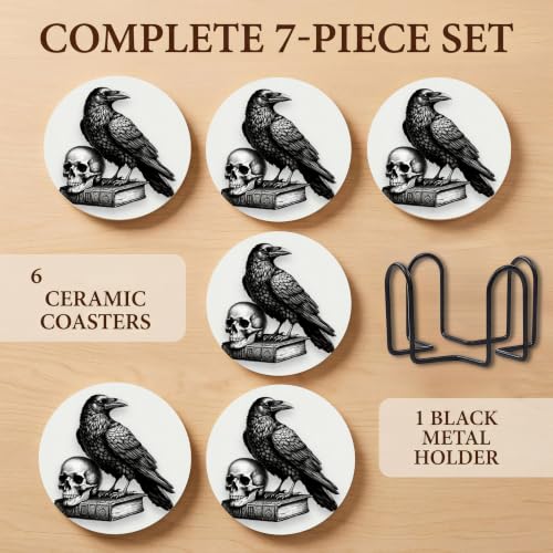 Nikyi 6 Pcs Crow Skull Art Ceramic Coasters, Round Absorbent Drink Coaster with Metal Holder and Cork Base, Black Raven Gothic Coaster for Coffee Table Kitchen Office Home Decor Gifts - color: Crow